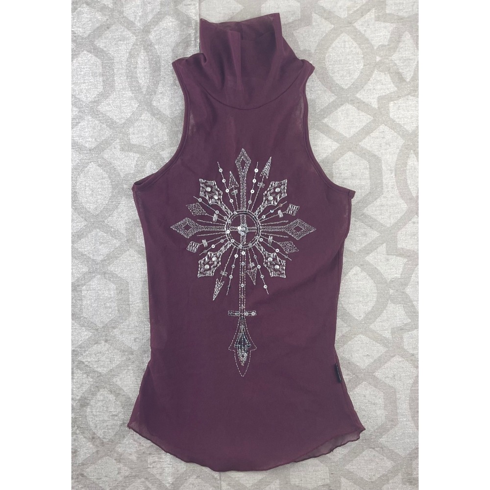 Artigli Girl Purple Mesh Mock Neck Sleeveless Top Sequin Graphic Italy Size M